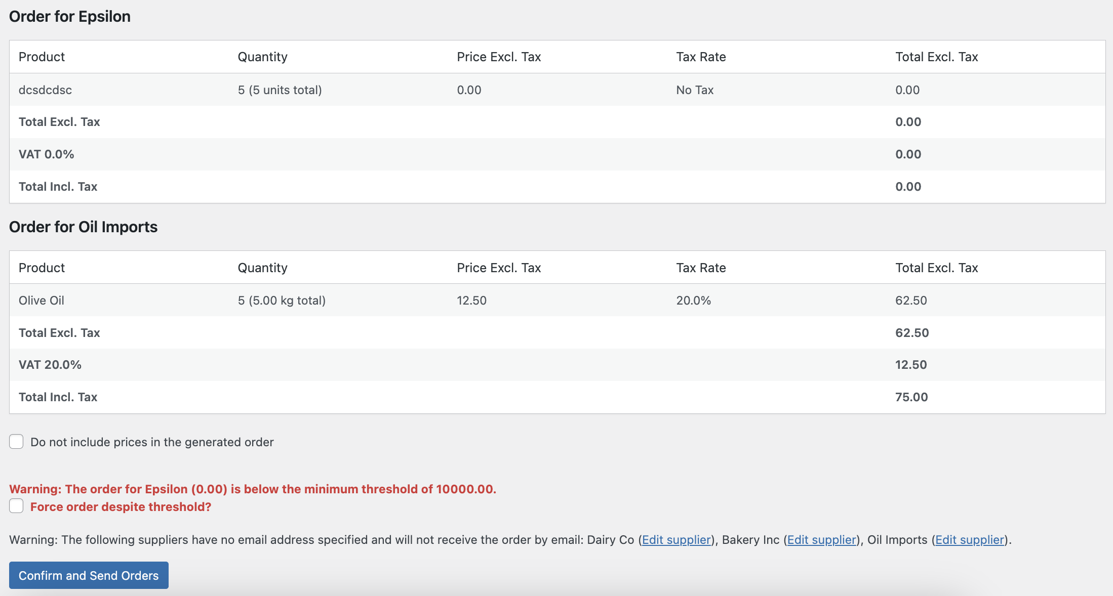 **Order Warnings**: Preview critical alerts before ordering, like "Do not include prices in the generated order," "Force order despite Threshold," or "The following suppliers have no email address."