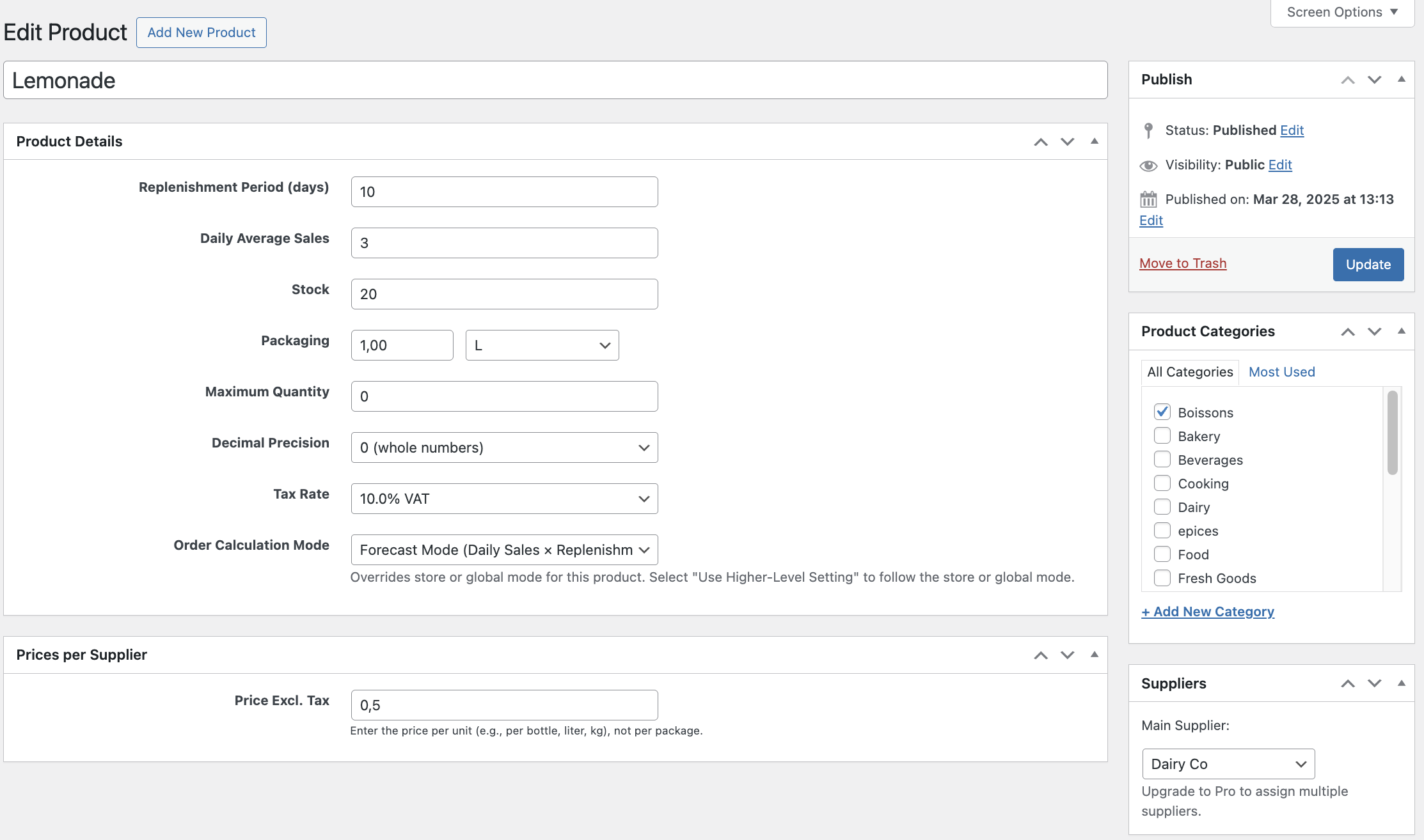 **Product Editing**: Fine-tune product details with precision—set stock levels, supplier info, pricing, tax rates, and packaging, all from a single, intuitive interface.