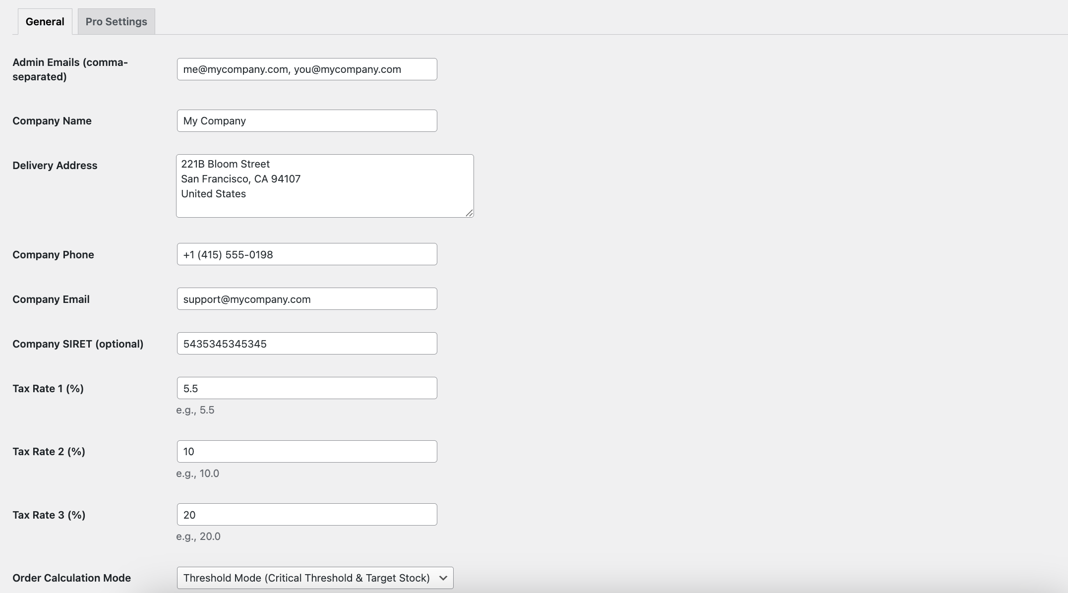 **Settings Page**: Configure your stock and order preferences—set admin emails, tax rates, order modes, and more from a simple interface.