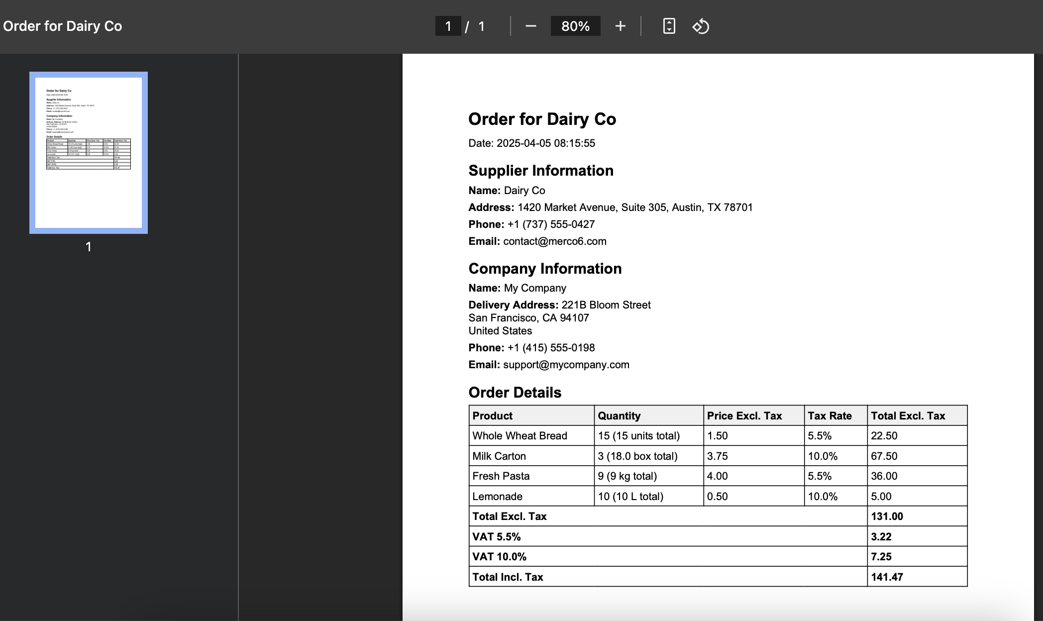 **Generated Order PDF**: View the professional PDF order form received via email, complete with supplier details and totals.