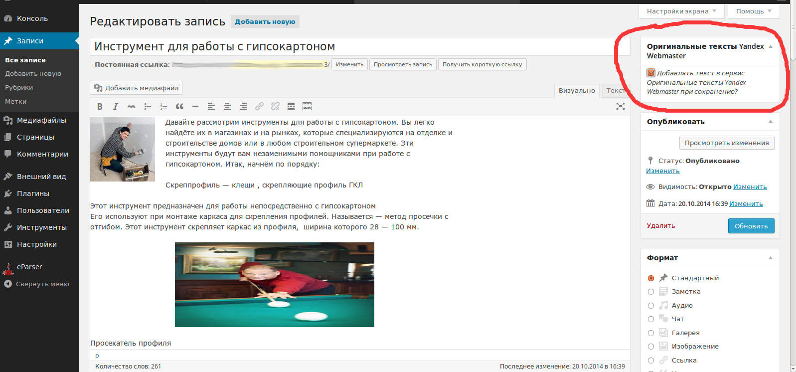 Вид при публикации записи. Look at the publication post