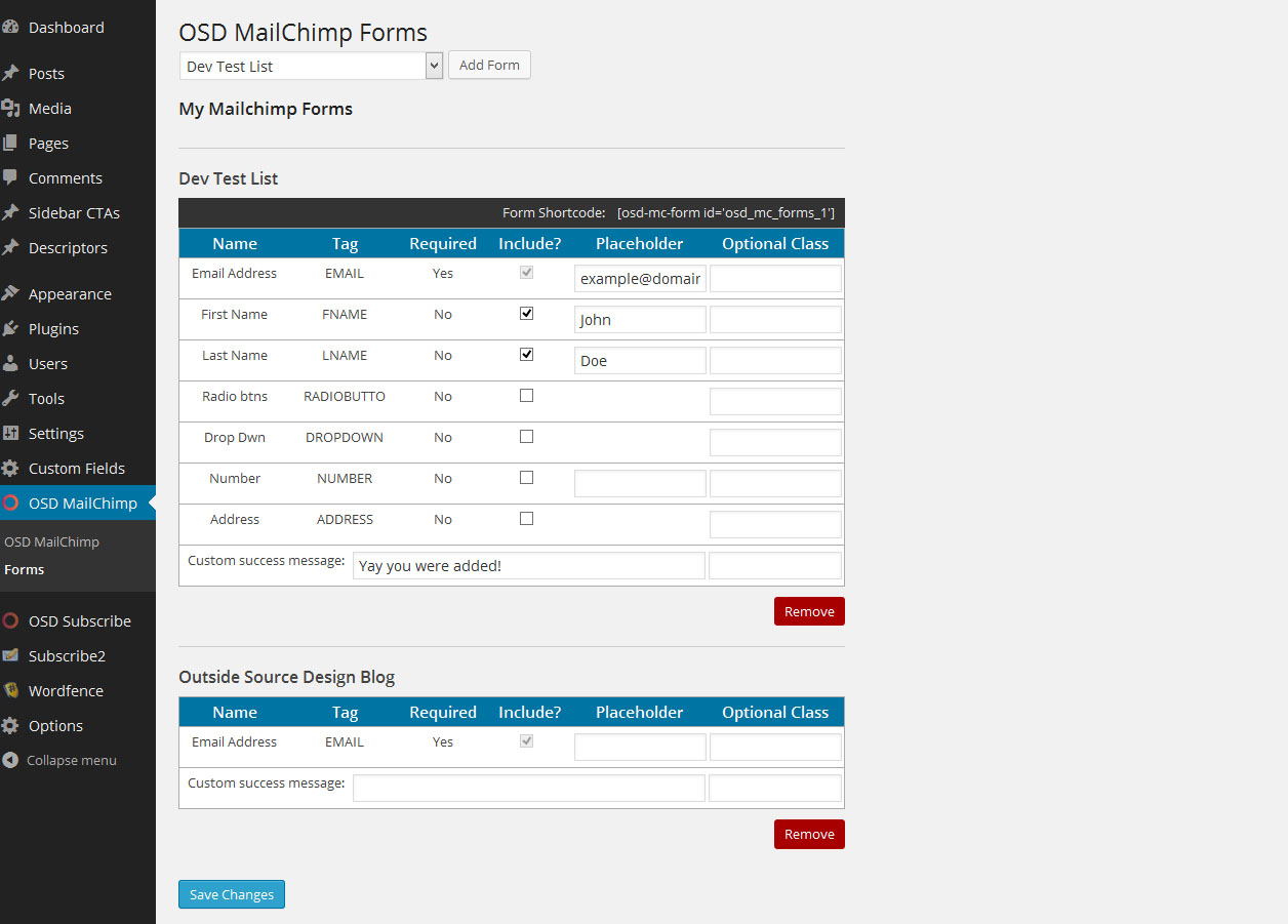 Forms Settings Menu Page