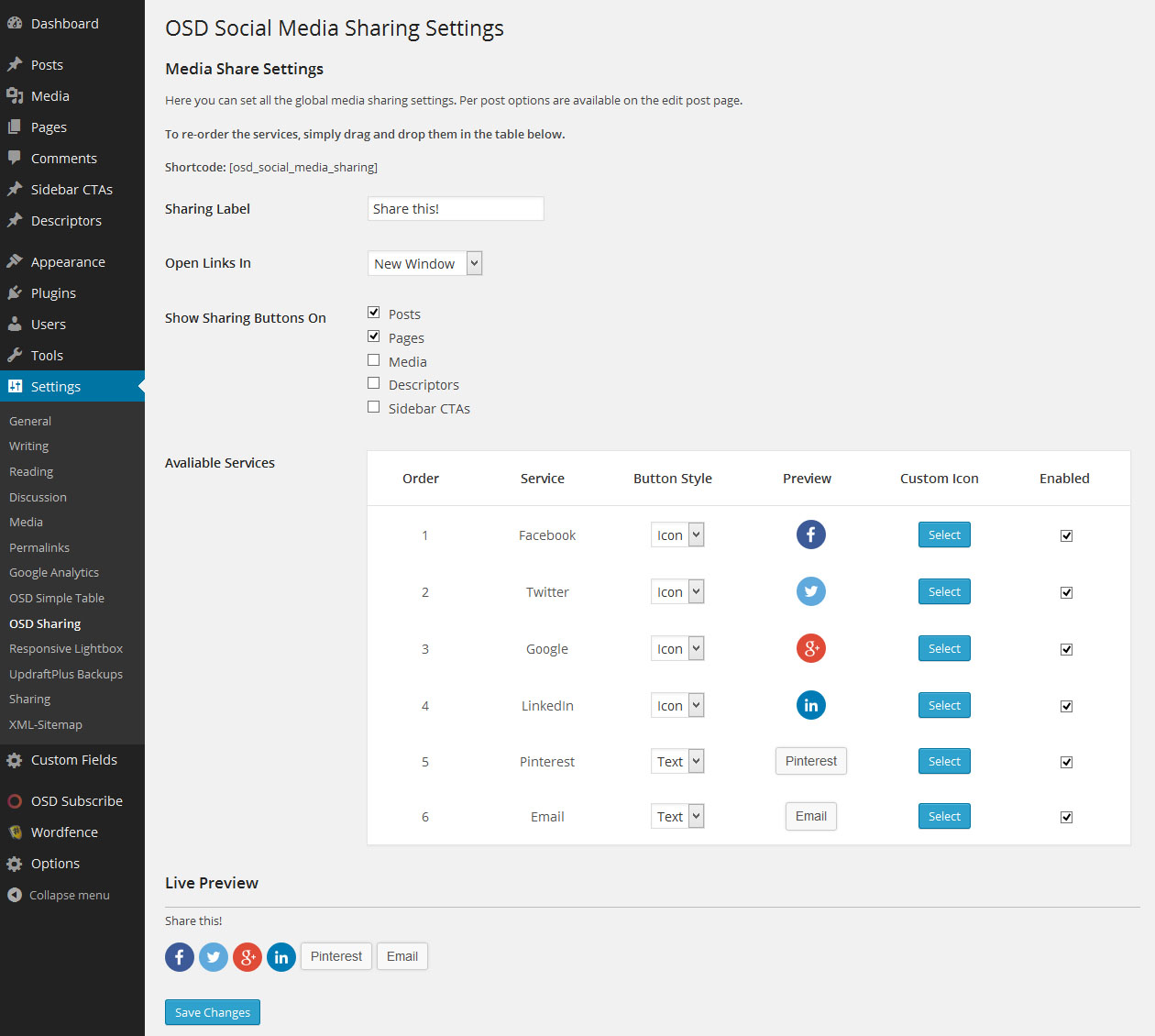 Administration page under Settings