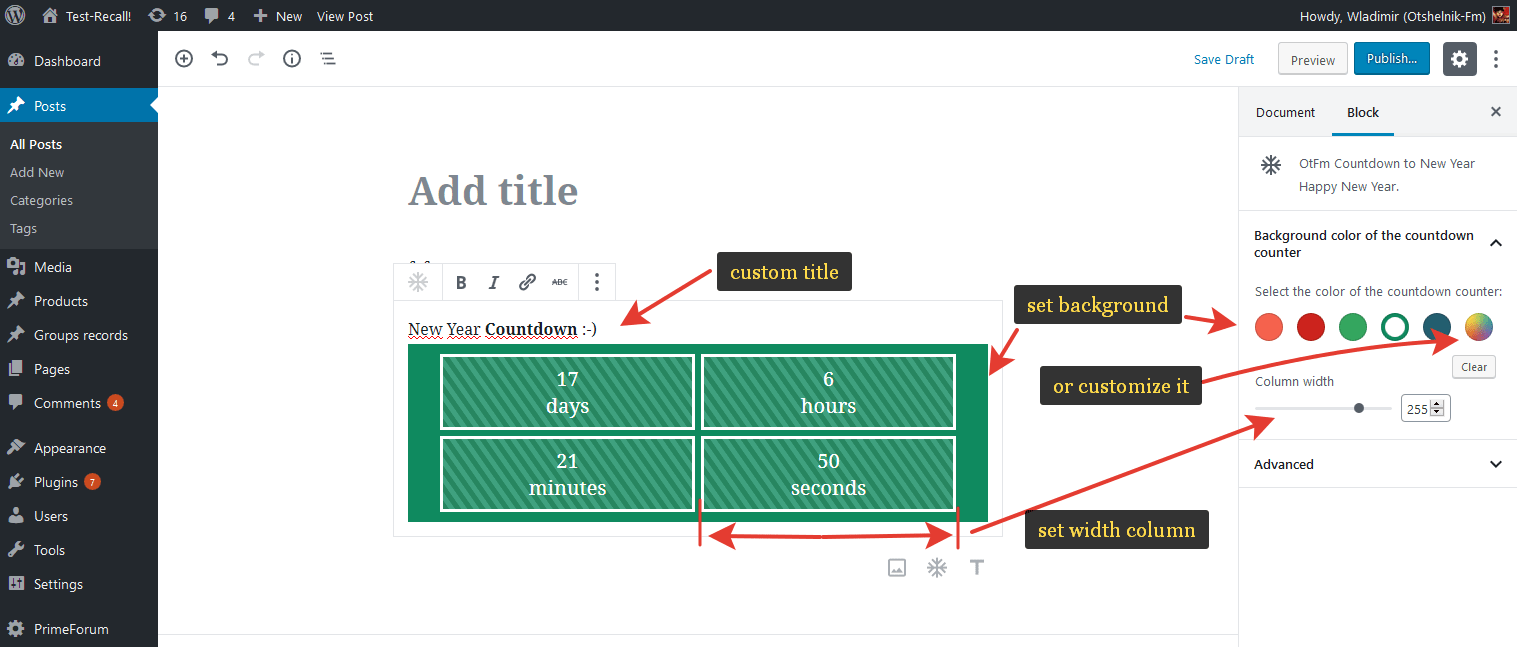 Countdown to New Year block - in editor