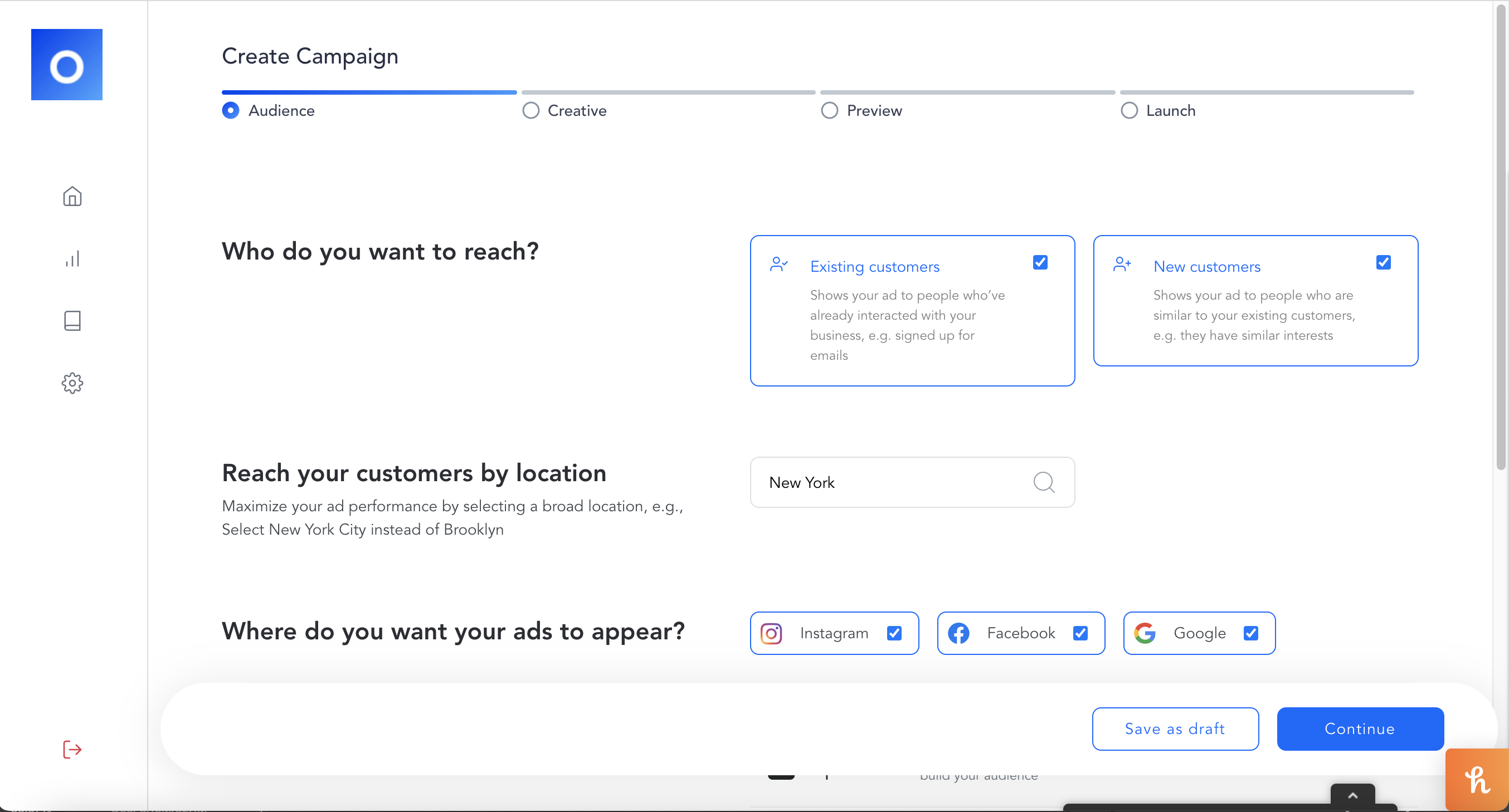 The create campaign screen has various ready to go templates, and targets existig and new customers from your store/site.