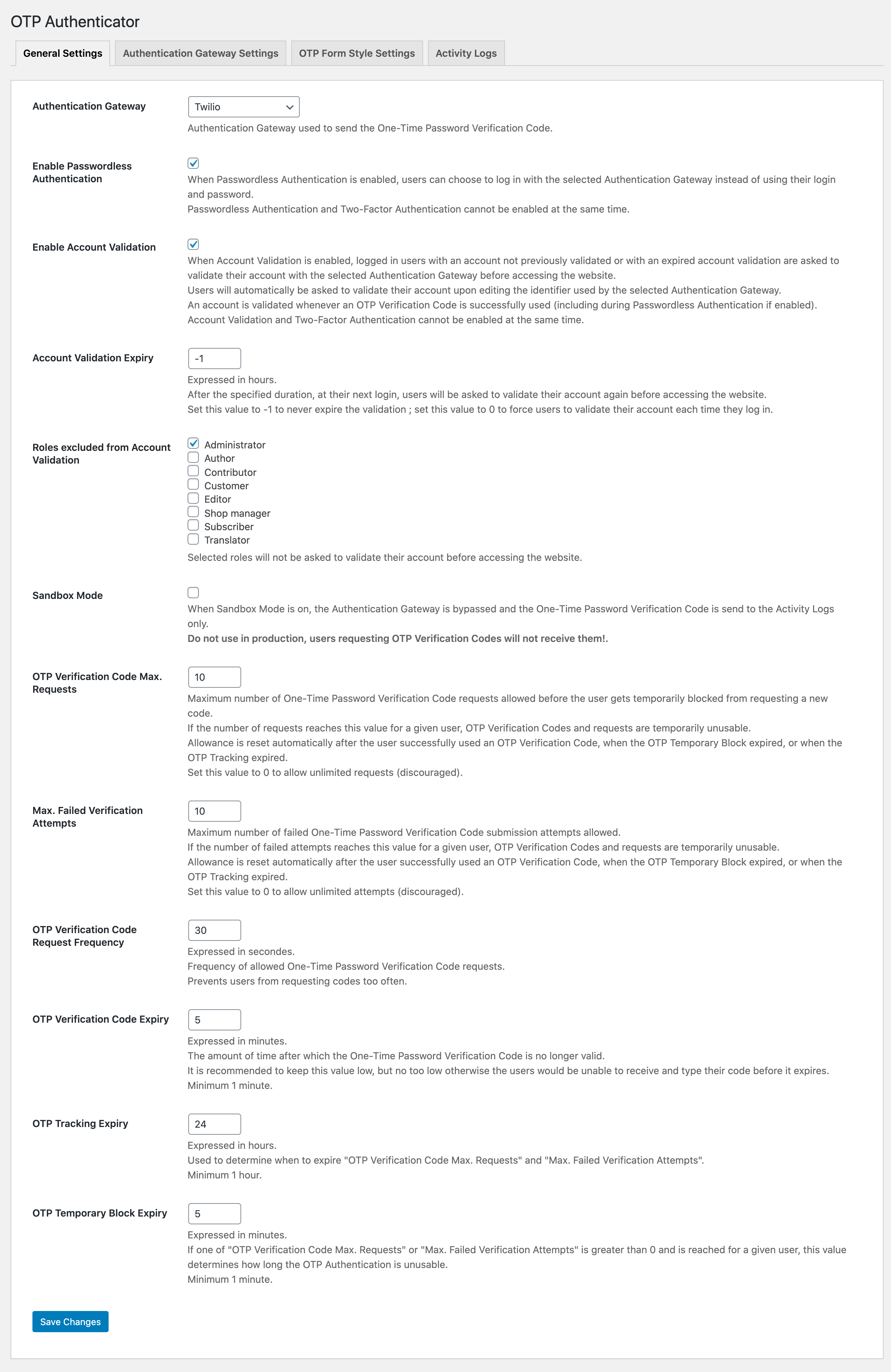 WordPress Email Authentication Gateway Settings