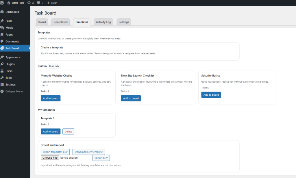 Activity log tracking actions