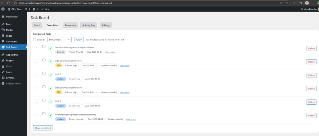 Completed tasks list