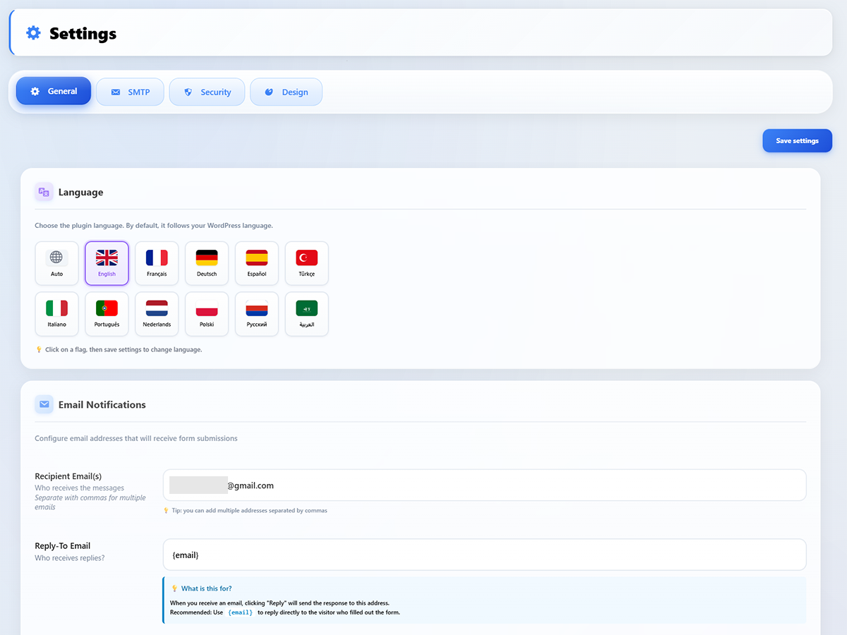 **Settings – General** – Language selector with 11 flags, email notification configuration with recipient and reply-to fields