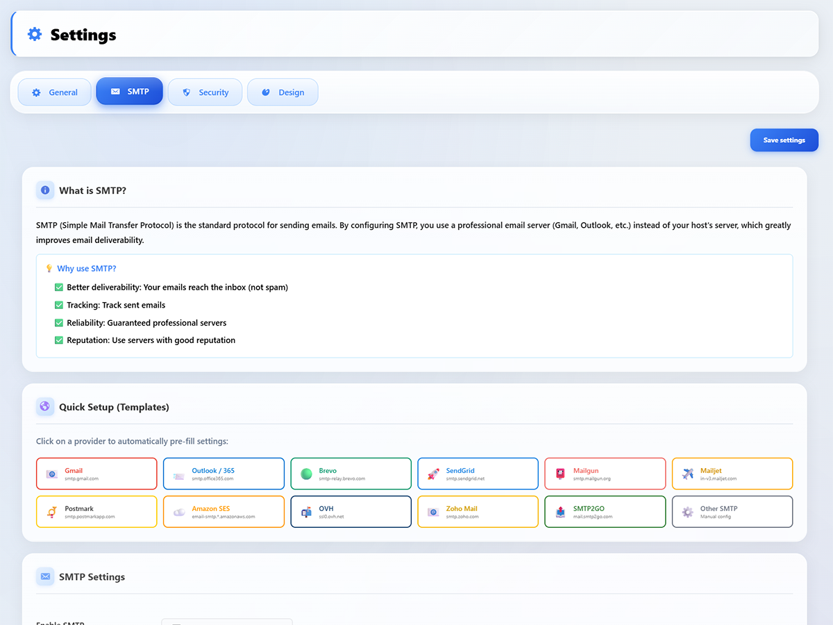 **Settings – SMTP** – Built-in SMTP setup with one-click provider templates (Gmail, Outlook, Brevo, SendGrid, Mailgun, Amazon SES, OVH, and more)