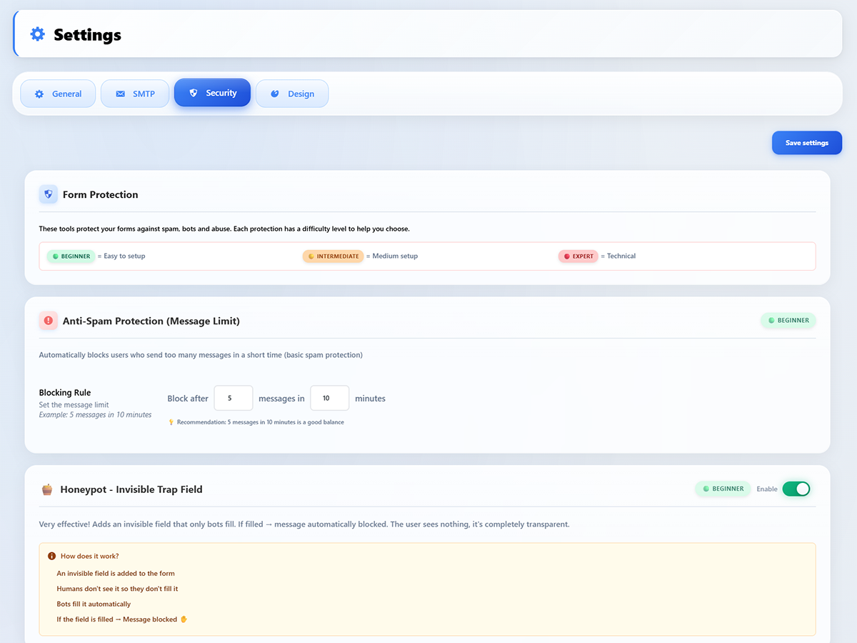 **Settings – Security** – Anti-spam protection with message rate limiting, honeypot invisible trap field, and difficulty levels (Beginner, Intermediate, Expert)