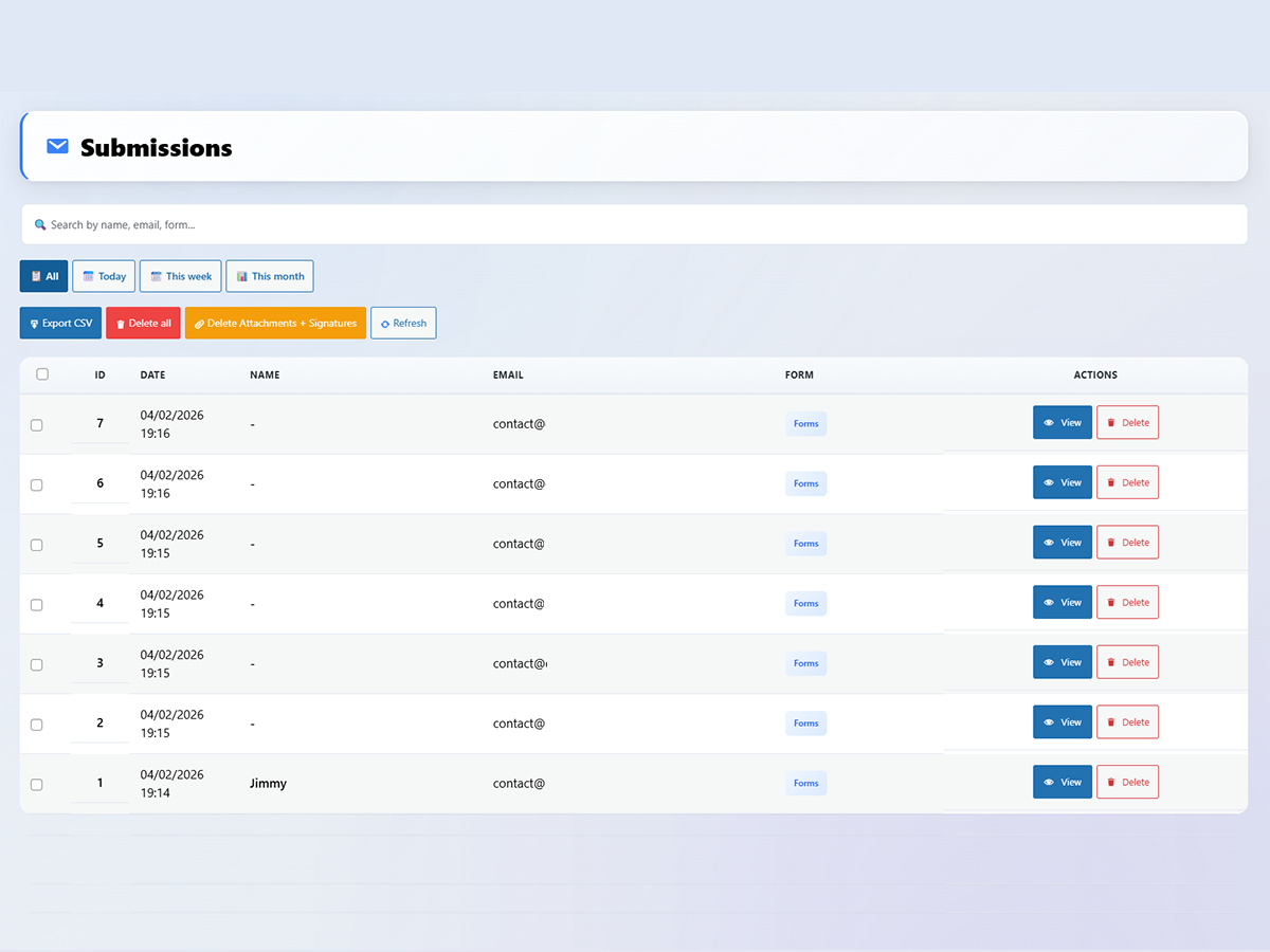 **Submissions Management** – Searchable list of all form entries with date filters (Today, This week, This month), CSV export, bulk delete, and per-entry View/Delete actions