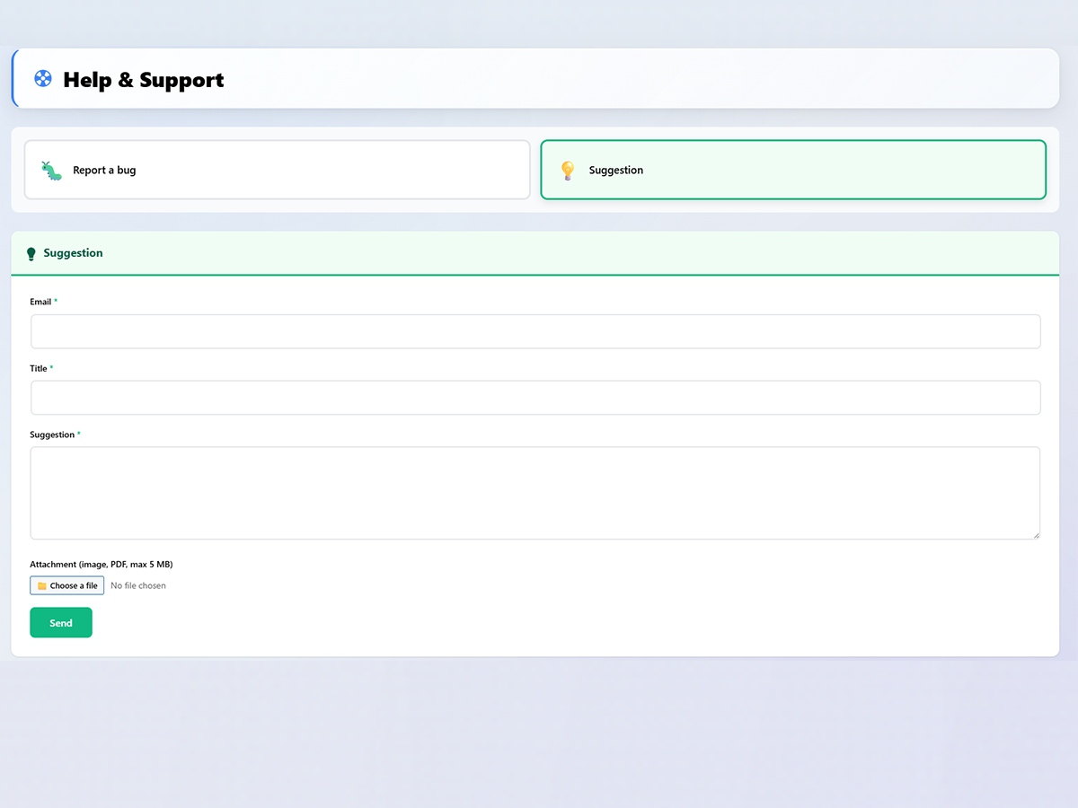 **Help & Support – Suggestion** – Built-in suggestion form to submit feature requests directly from the plugin