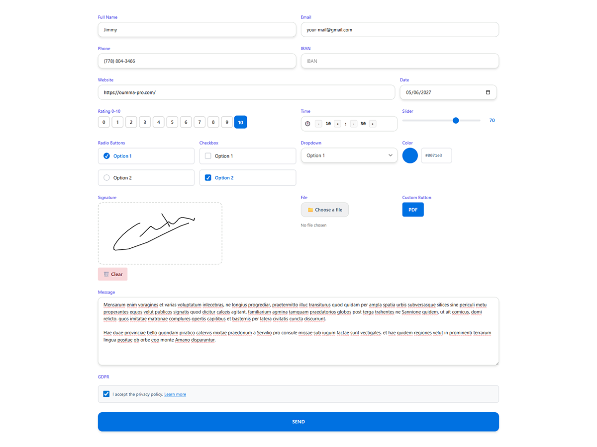 **Frontend Form Preview** – Live form display with all field types filled: full name, email, phone, IBAN, website, date, rating, time, slider, radio, checkbox, dropdown, color picker, signature, file upload, message, and GDPR consent