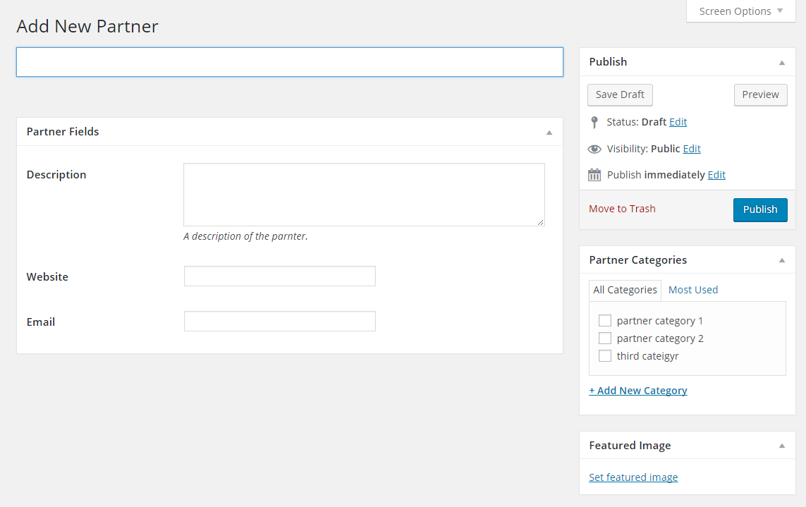 The organization partner management screen within the WordPress admin.