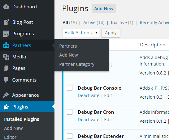 The organization partners options on the settings menu.