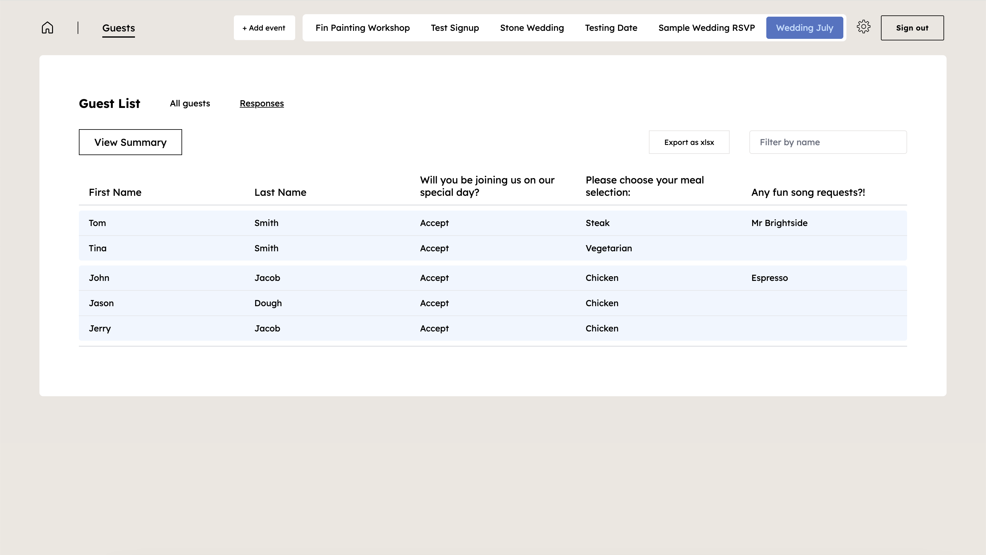 ouRSVP dashboard - Manage all your responses
