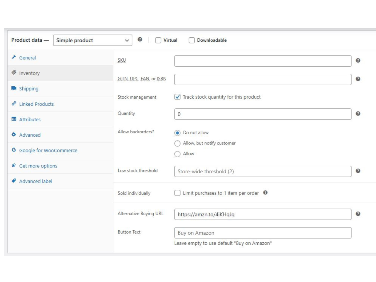 Add your Alternative Buying URL directly in the WooCommerce product settings.