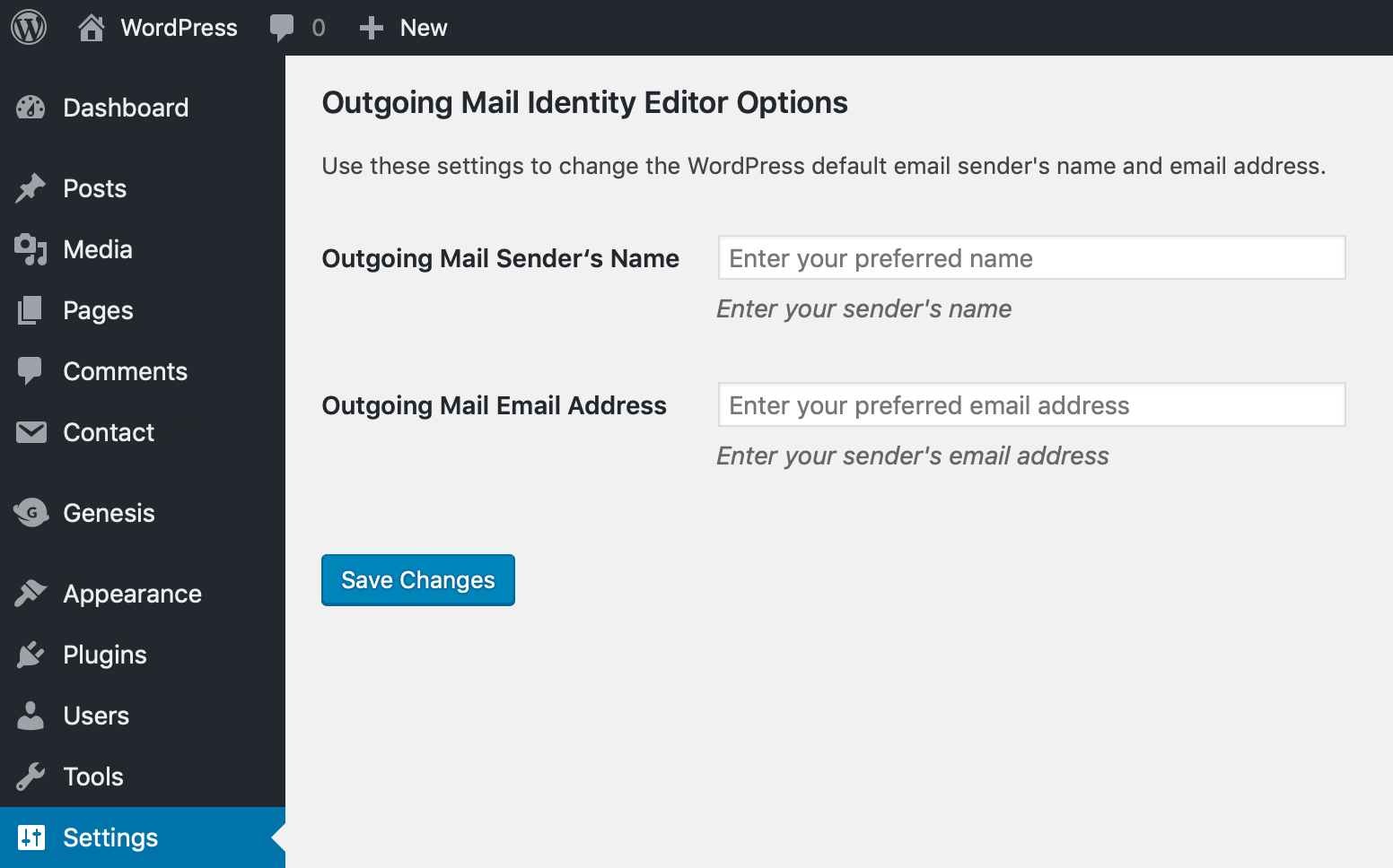 The settings screen in Outgoing Mail Identity Editor