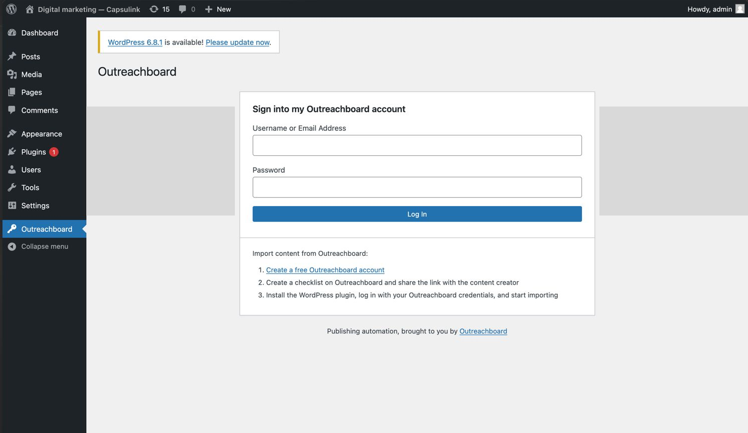 Login view inside the WordPress plugin