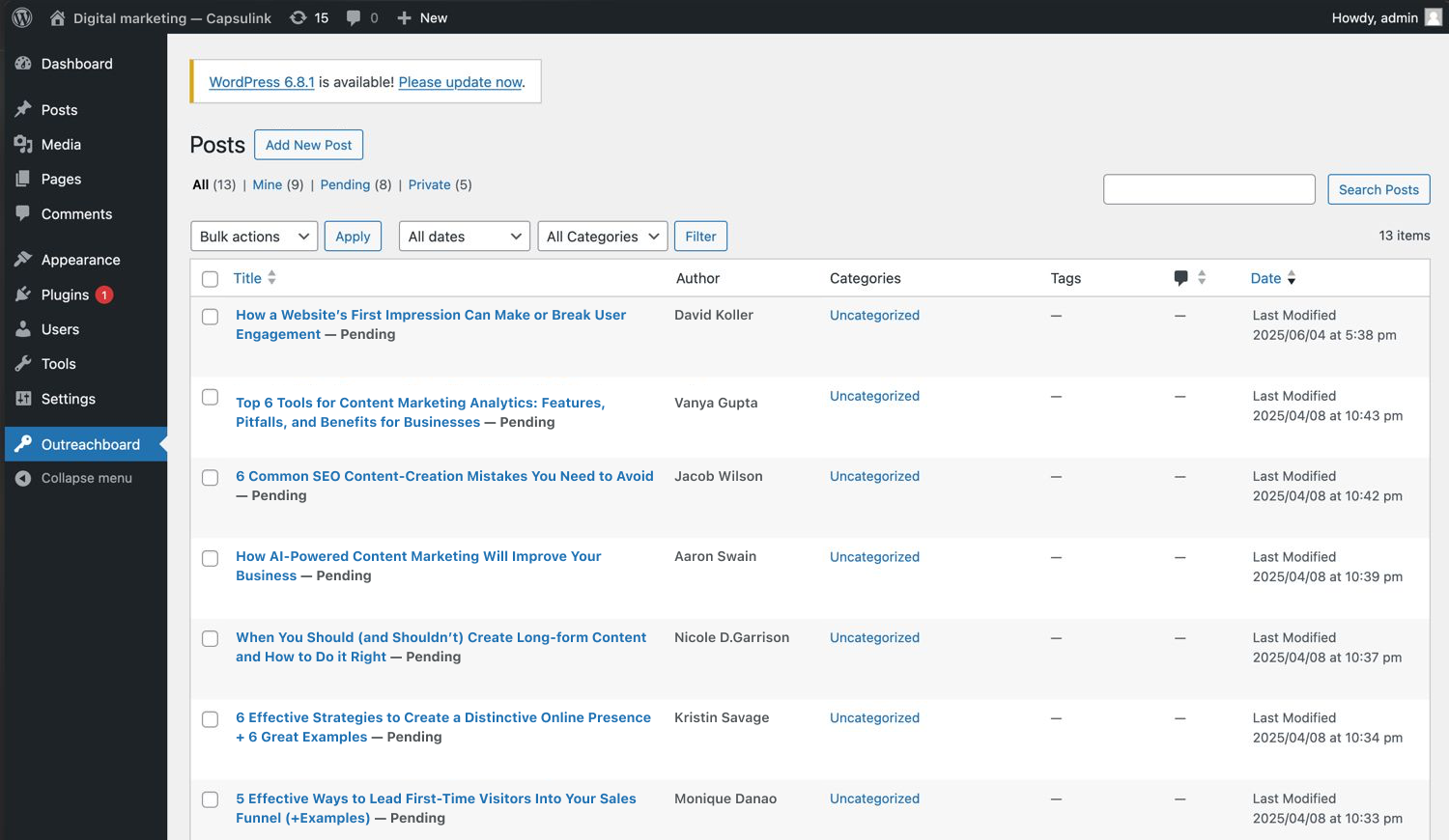 Pending posts listed in the WordPress dashboard