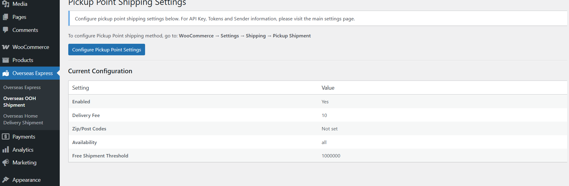 Admin settings for Pickup Shipment