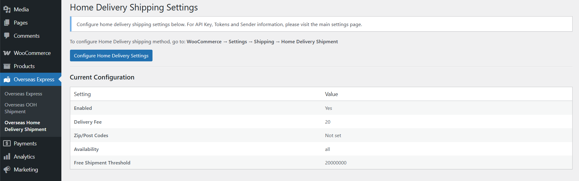 Admin settings for Home Delivery Shipment