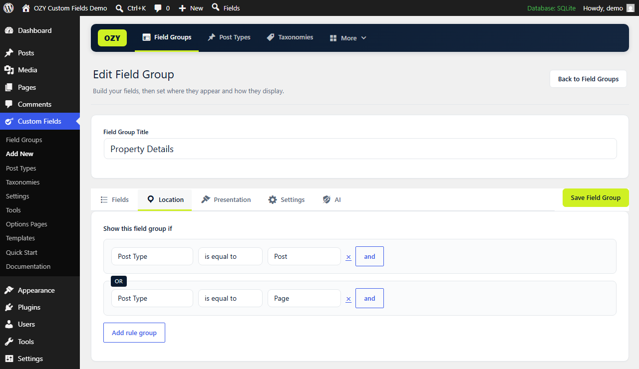 Location rules — decide exactly where a field group appears.