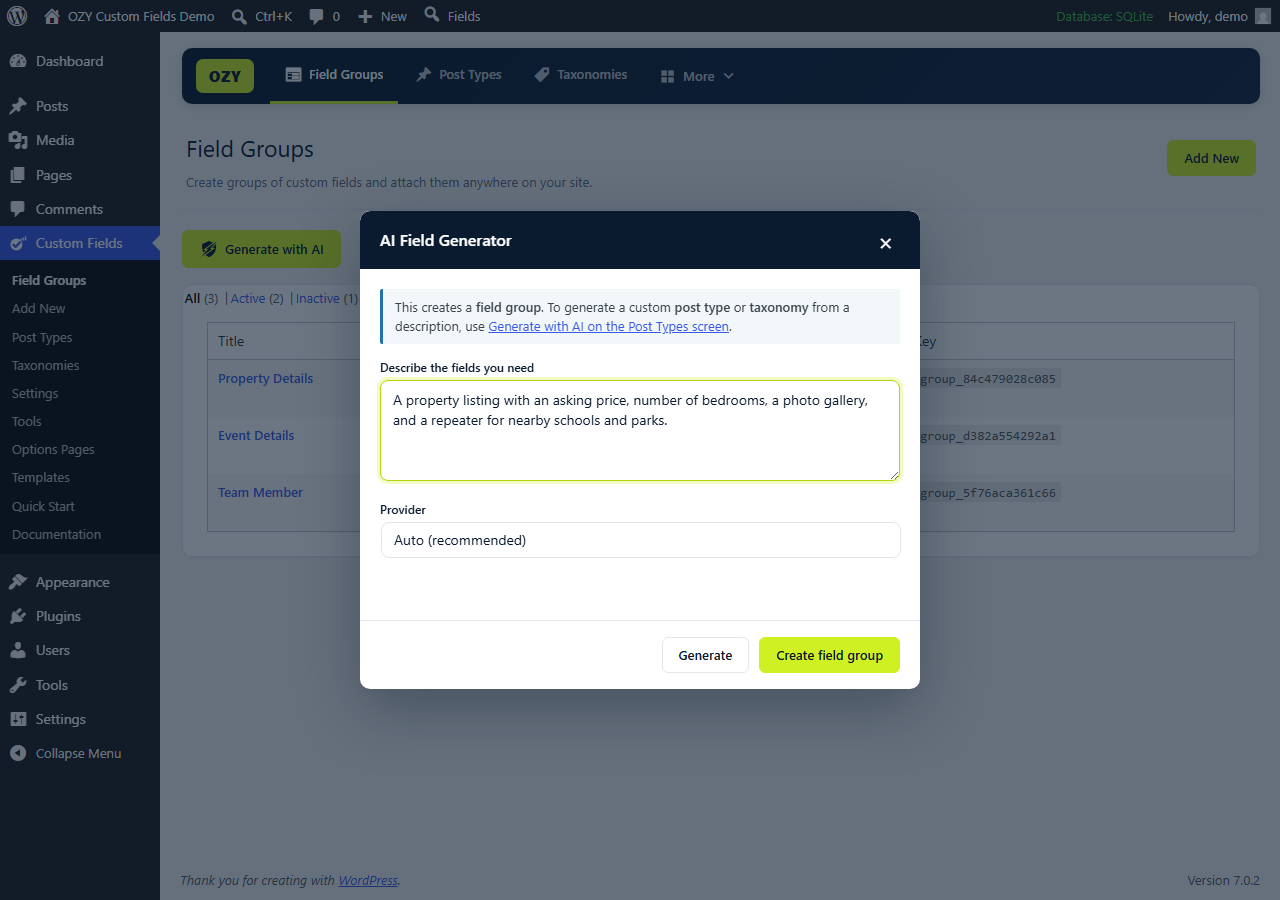 The AI Field Generator: describe your fields, get a field group.