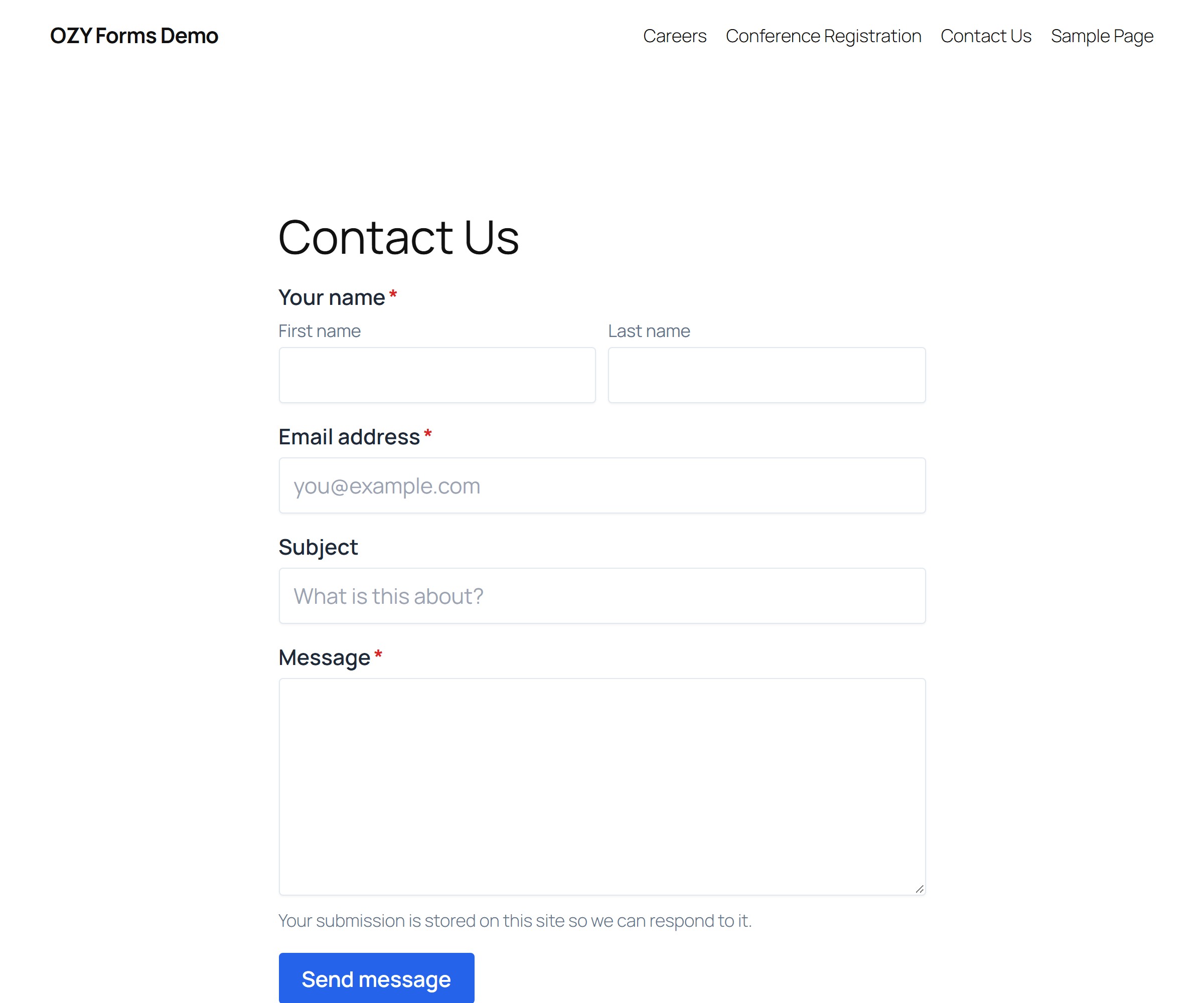 The forms list, showing each form's storage mode, submission count and shortcode.
