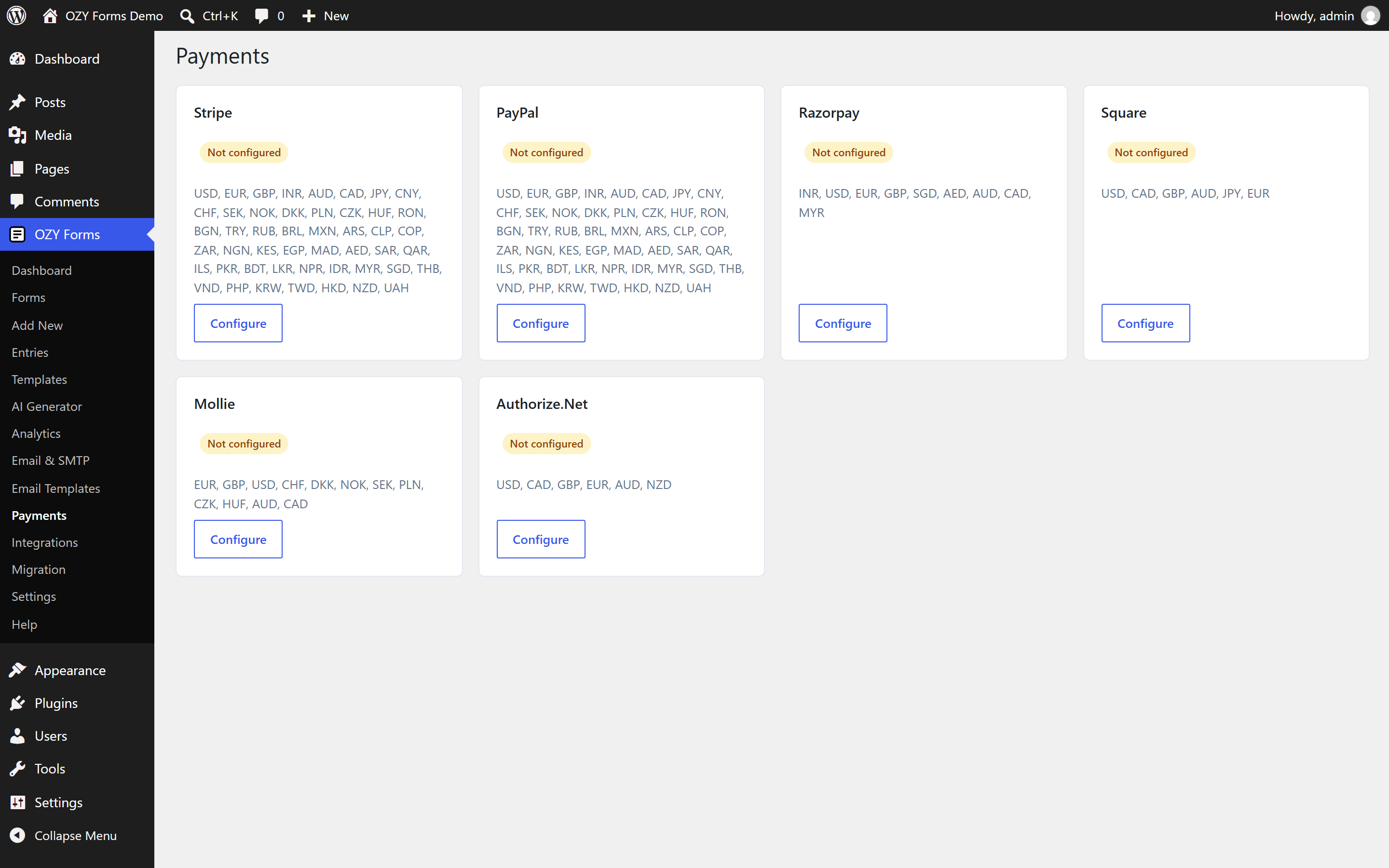 The migration screen detecting other form plugins.