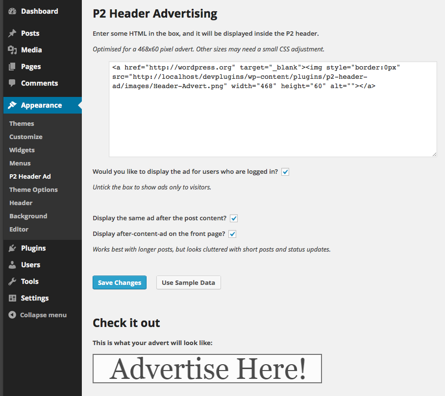 the Admin Interface let's you paste HTML code quickly and easily (under Appearance - P2 Header ad)