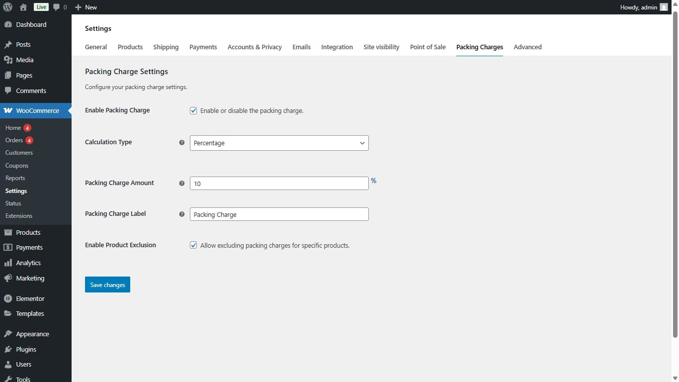 Packing Charge reflected in the cart and checkout..