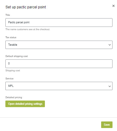 Edit shipping method – Editing the shipping method let's you rename it, change taxable status, and select between your services added on the Pactic Connect page. Select Open detailed pricing settings to customize pricing for that service or add a general price with the Default shipping cost.