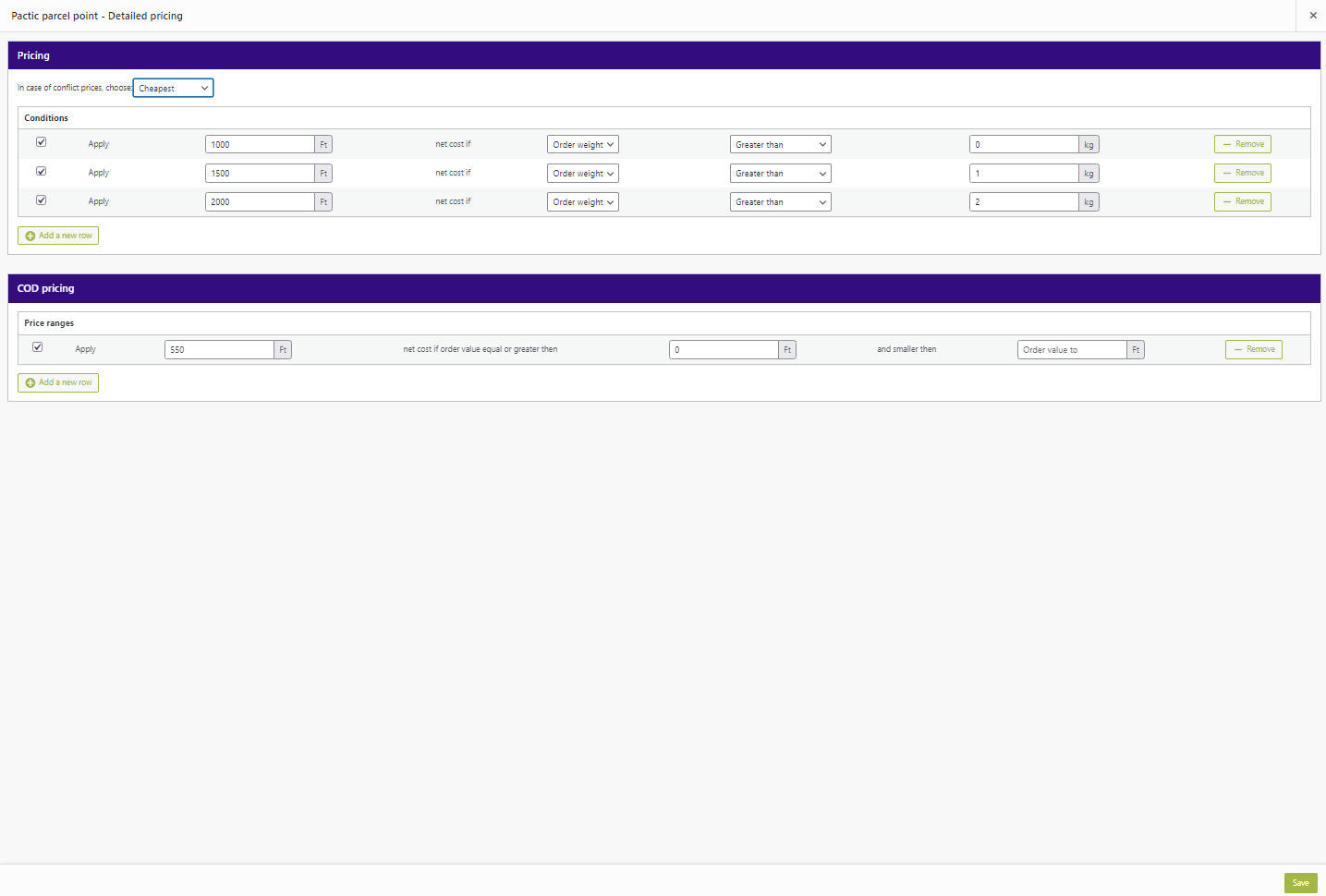 Detailed pricing – You can add the prices for weight ranges, additional COD fee and set cart value based free shipping here