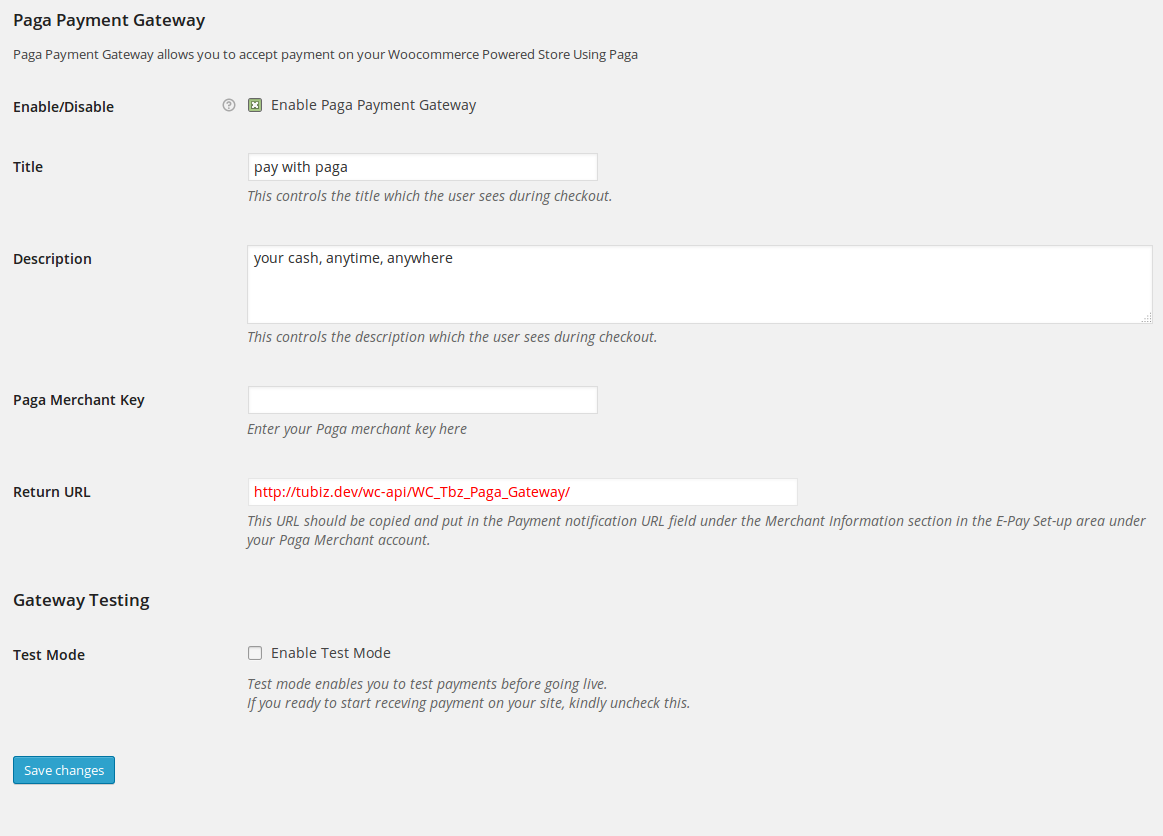 Paga Wooocommerce Payment Gateway Setting Page