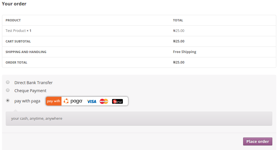 Paga Wooocommerce Payment Gateway method on the checkout page