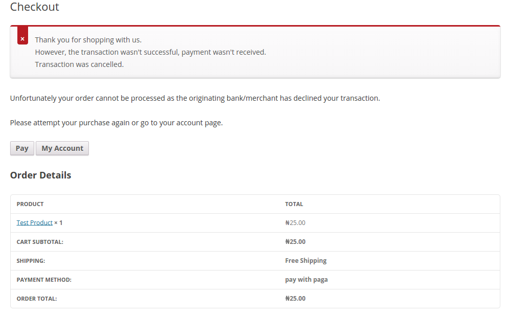 Failed Payment Transaction Declined Message