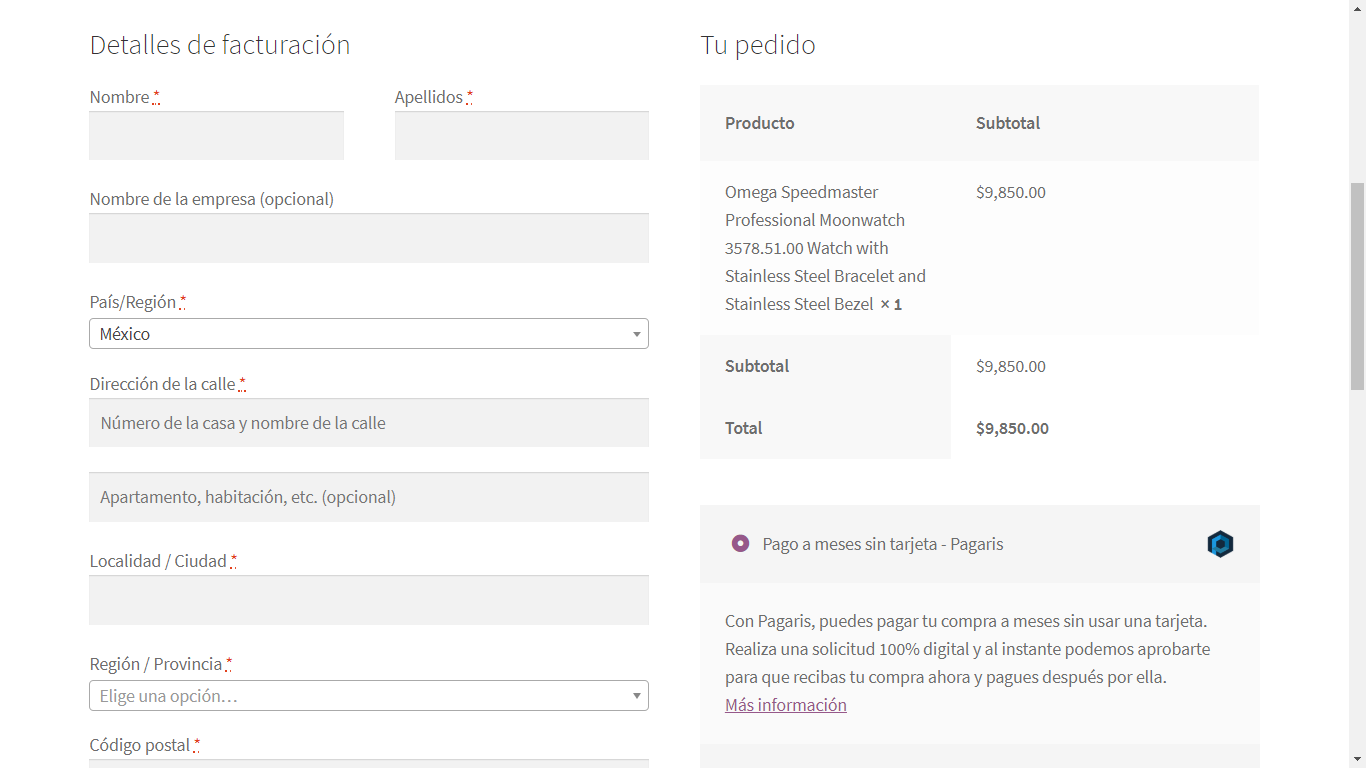 Carrito de compra con Pagaris