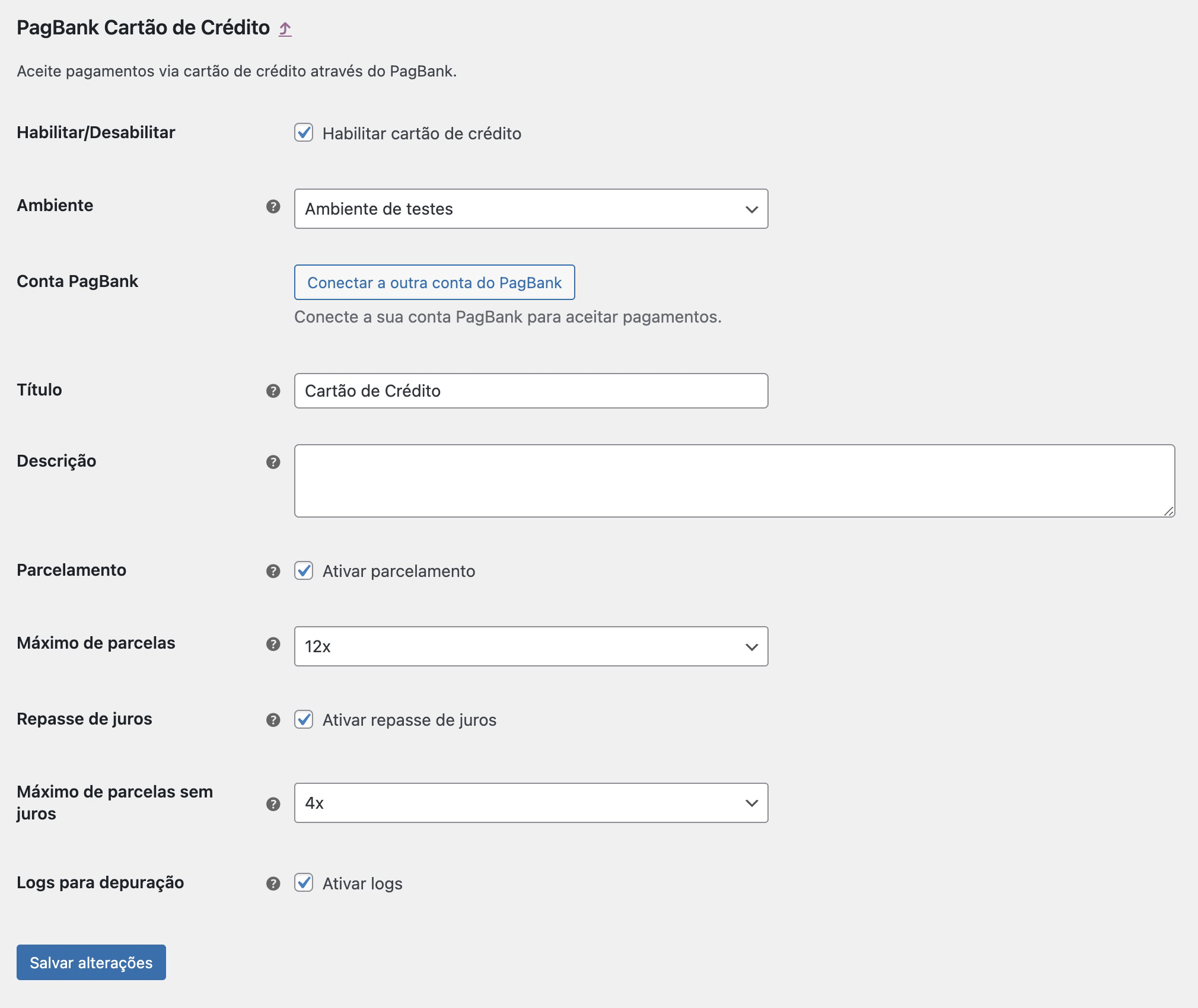 Configurações de pagamentos.