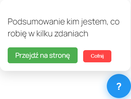 Preview of the popup guide's summary card with 'Przejdź na stronę' (Go to page) and 'Cofnij' (Back) buttons