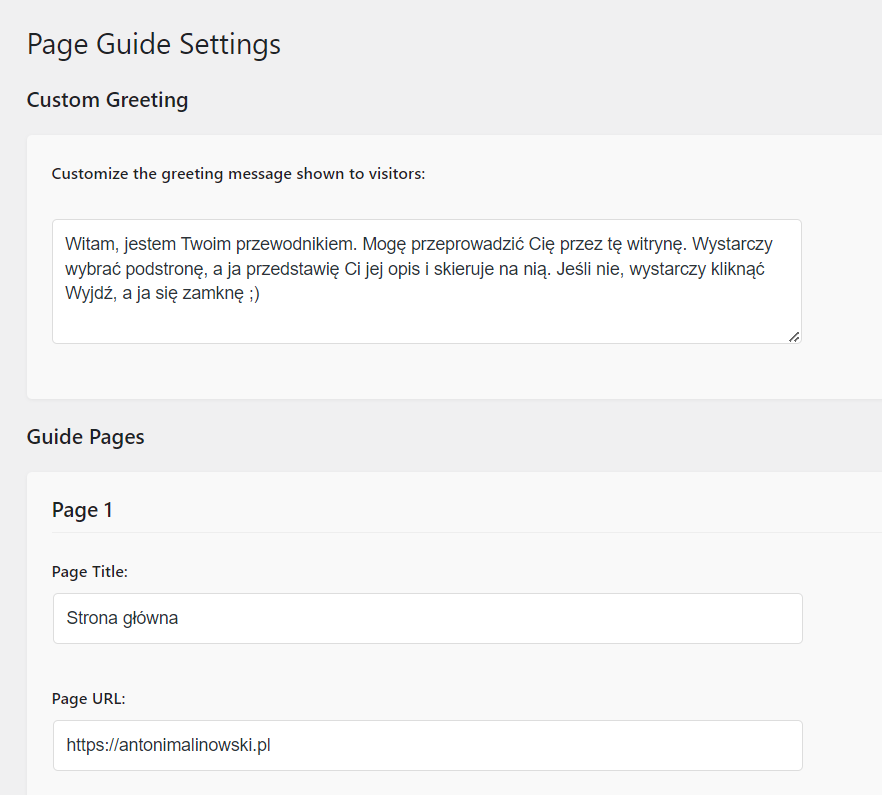 Page Guide Settings admin panel showing the custom greeting message configuration and guide pages setup