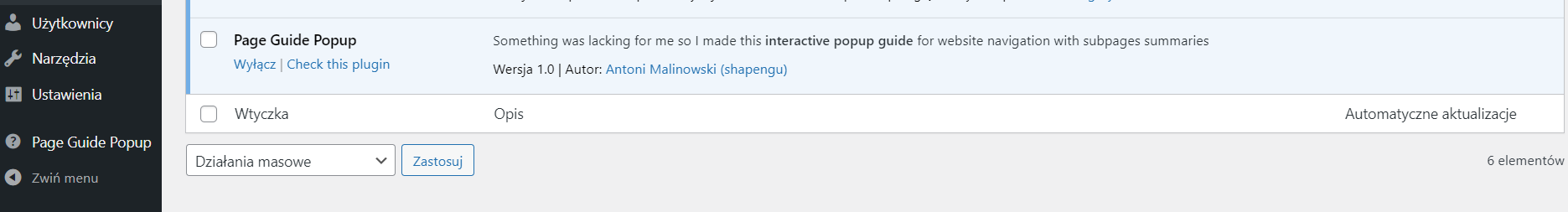 WordPress plugin management screen showing the Page Guide Popup plugin in the list of installed plugins