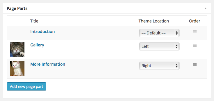 Support for Page Part theme locations (like theme_location for WordPress Menus) and featured images.