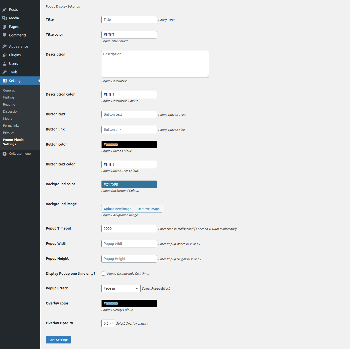 Wordpress Popup plugin settings.