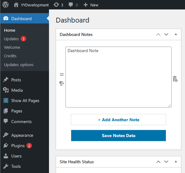 Adding motes to wordpress dashbaord