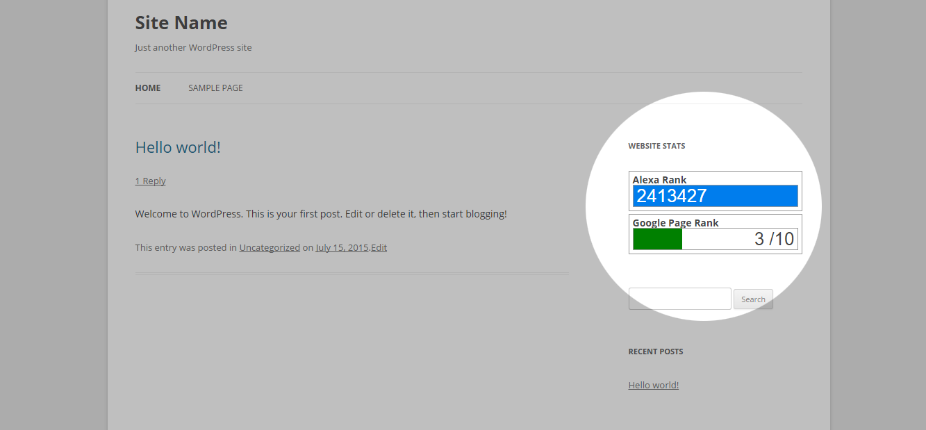 Style 1: Screenshot of blog page with Alexa Google Page Rank widgets.