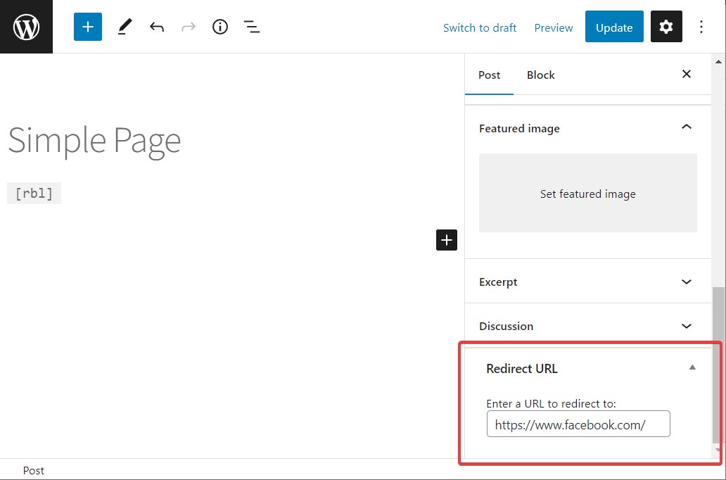 Box to add redirects on the post edit screen