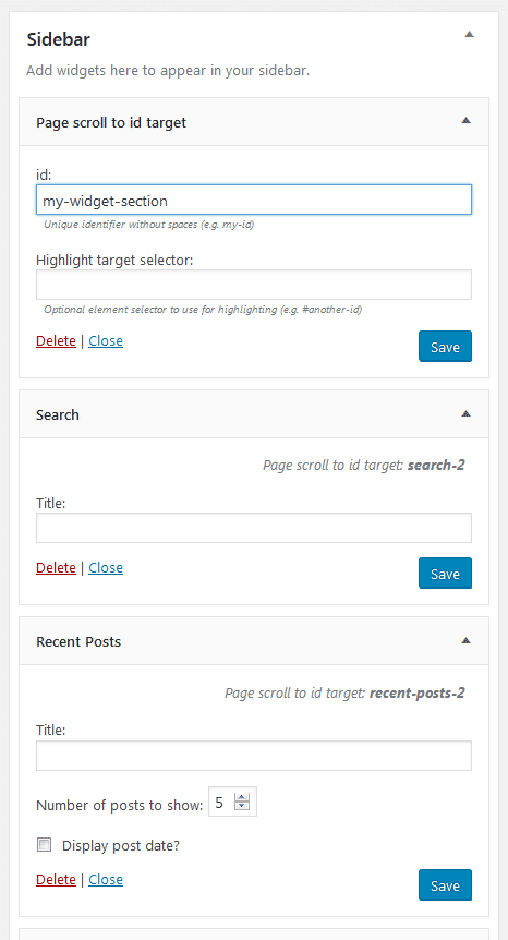 "Page scoll to id" target widget and widget id values