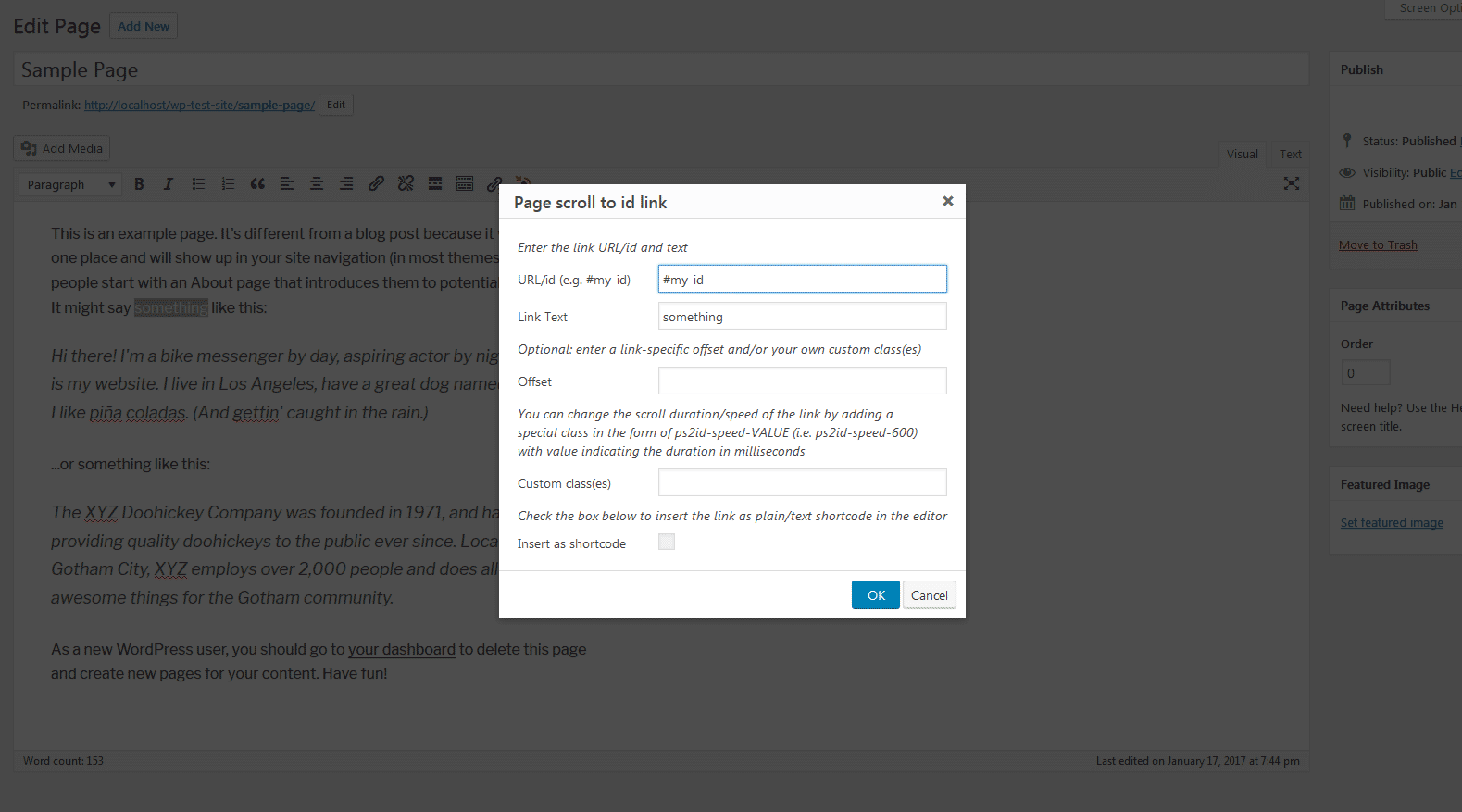 Visual editor "Insert/edit Page scoll to id link" modal